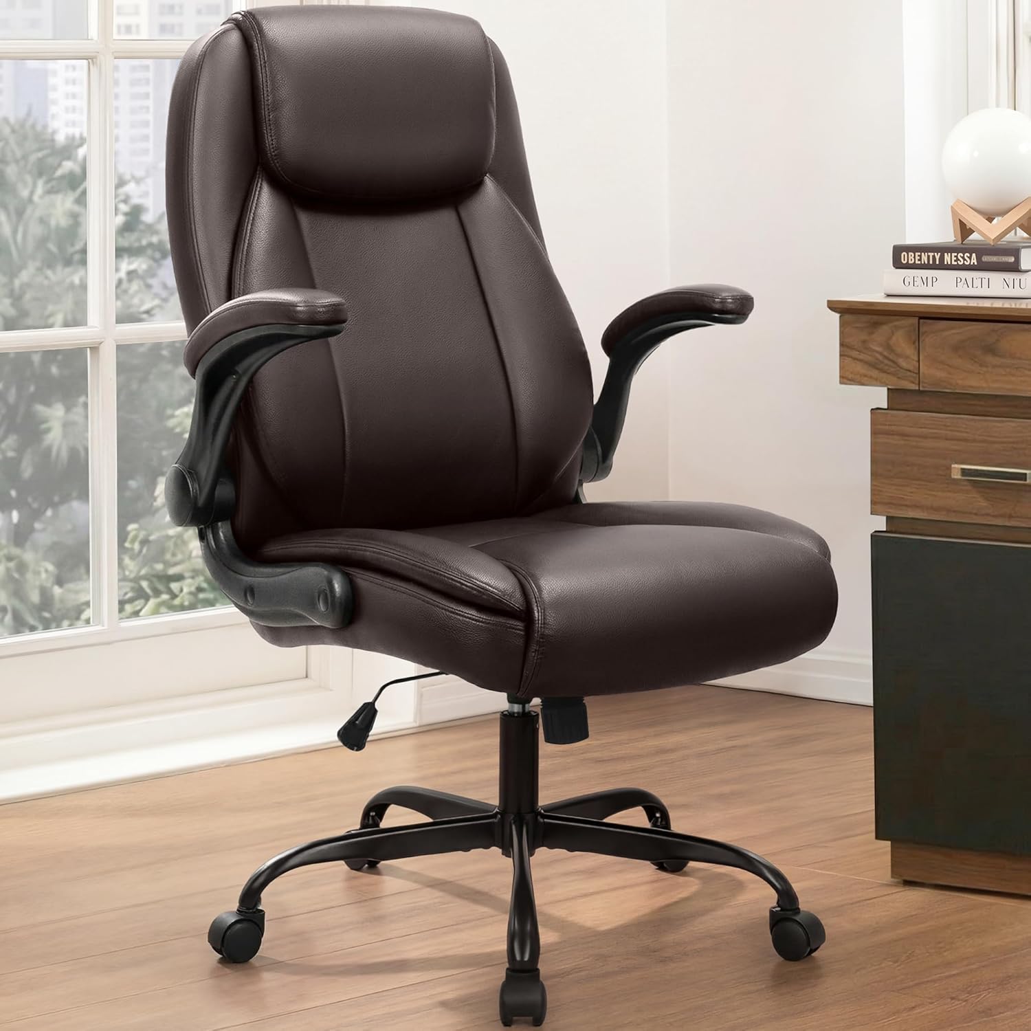 NEO CHAIR Office Desk Gaming Computer Home Chair Ergonomic Executive High Back Support Flip-up Arms Adjustable Height Swivel Rolling Wheels Comfy PU Leather (Brown)