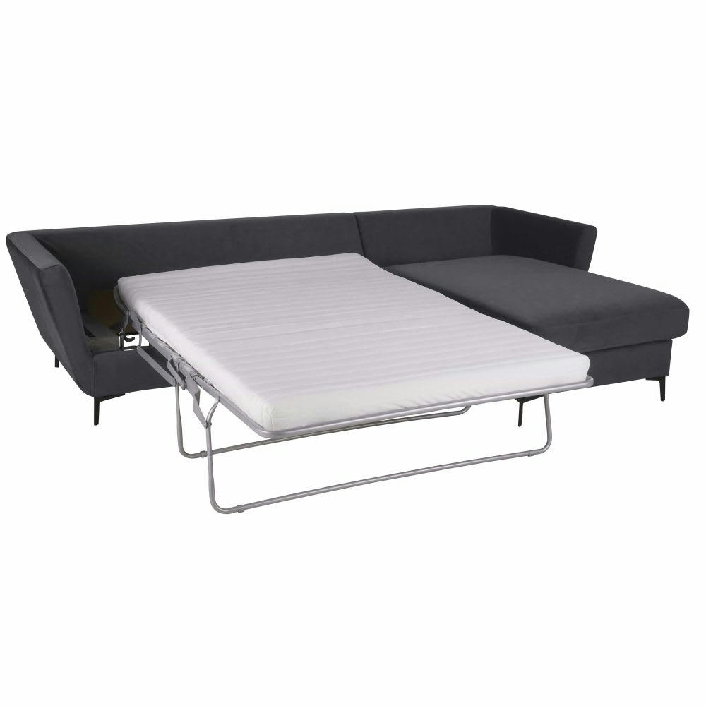 Prague - Canapé d'angle droit convertible 2/3 places en velours gris anthracite, matelas 10 cm