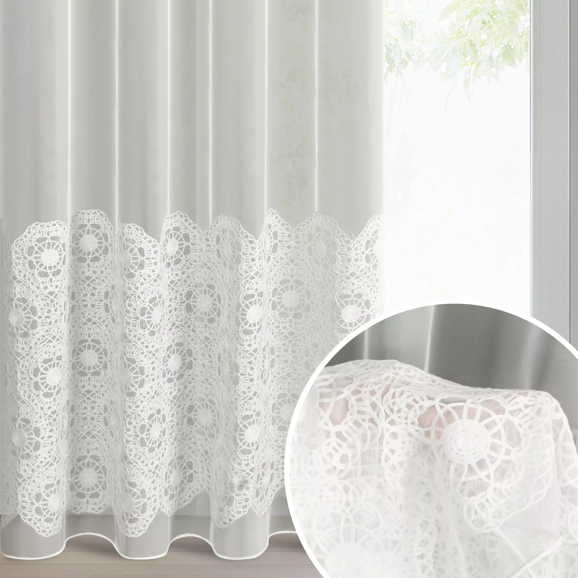 Firana kolor naturalny z tkaniny typu peru zdobiona aplikacją 140x250 cm przelotka - LIZA