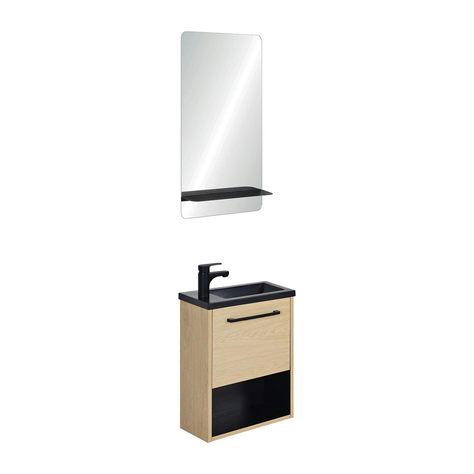 NIKA - Meuble lave-mains  Décor chêne intérieur noir + robinet + miroir