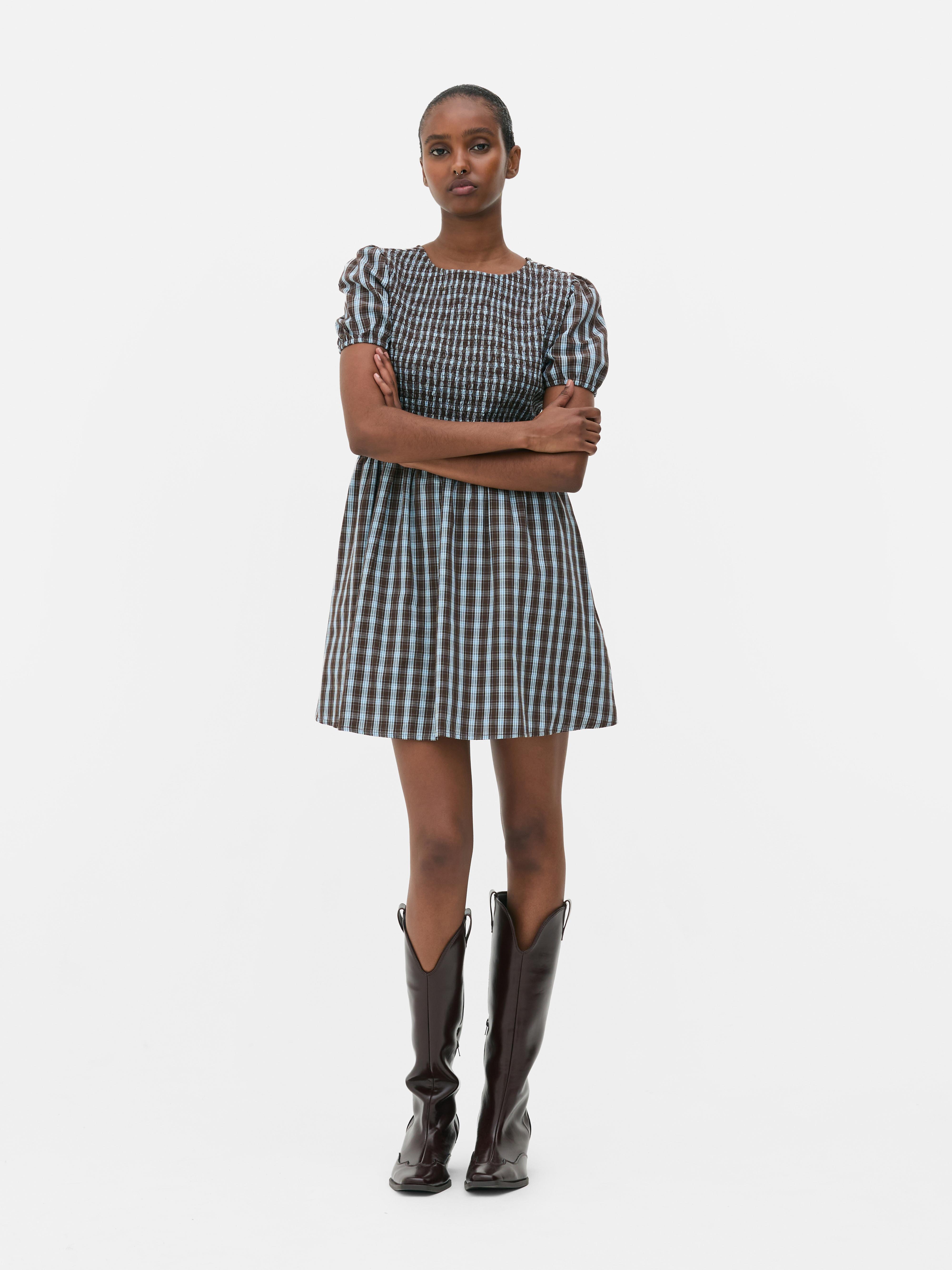 Puff Sleeve Check Mini Dress