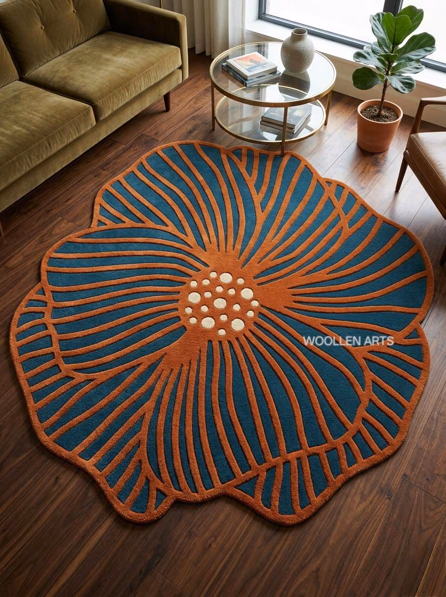 Custom Teal and Rust Orange Flower Rug, Modern Botanical Shaped Wool Carpet, Hand-Tufted Floral Floor Decor by Woollen Arts
