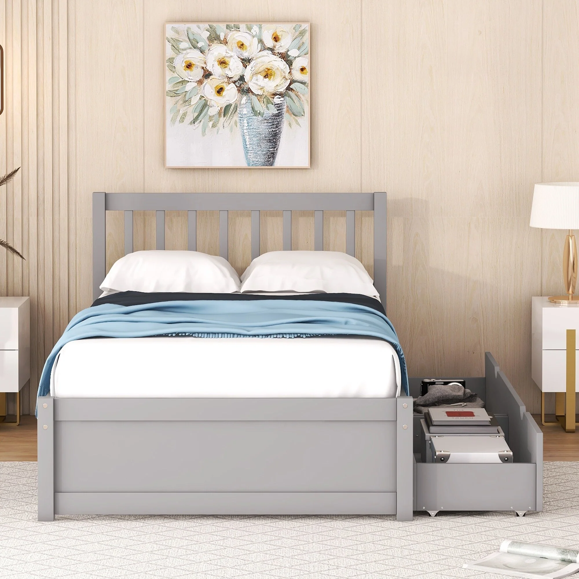 Twin Size Wooden Platform Bed with Two Underbed Storage Drawers, Durable Rubberwood Frame
