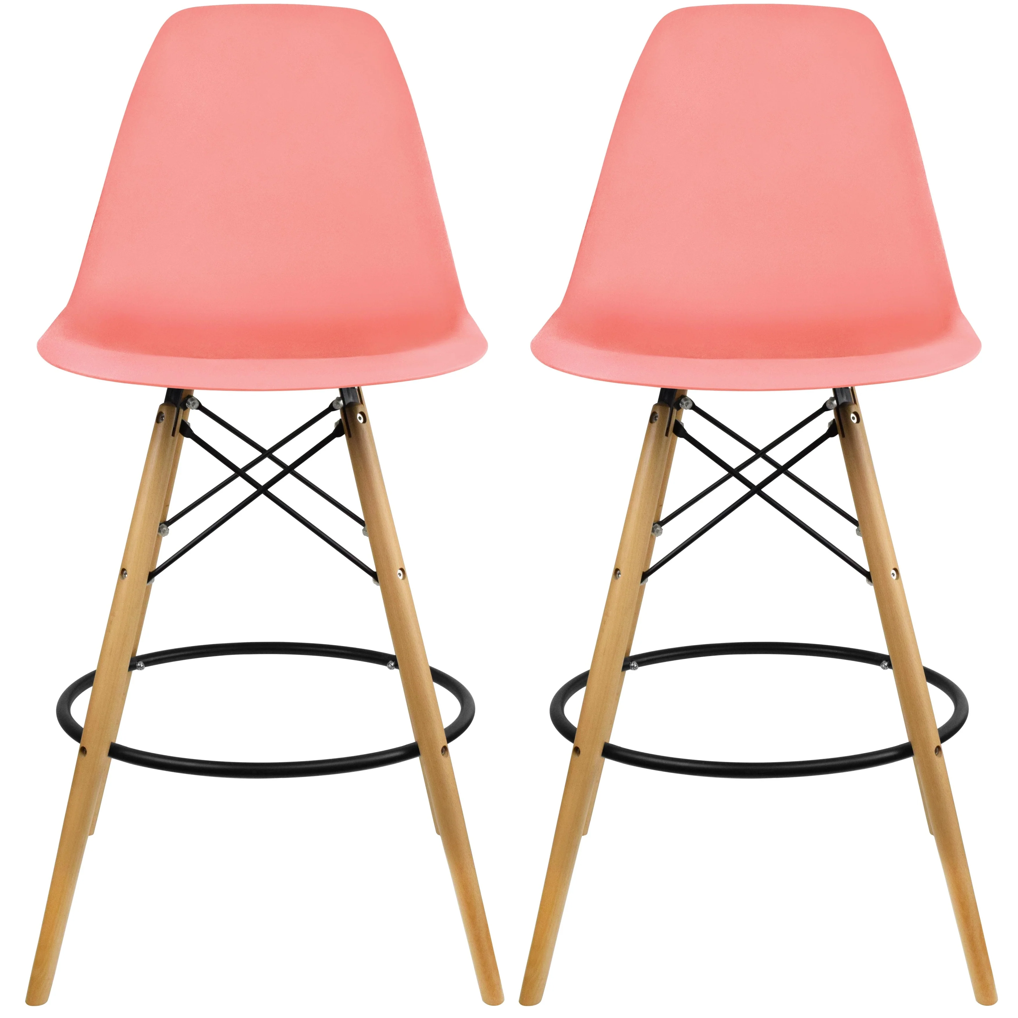 Set of 2 Modern 28 Color Seat Height DSW Molded Armless Plastic Counter Bar Stool Natural Wood Eiffel Dowel Legs Kitchen
