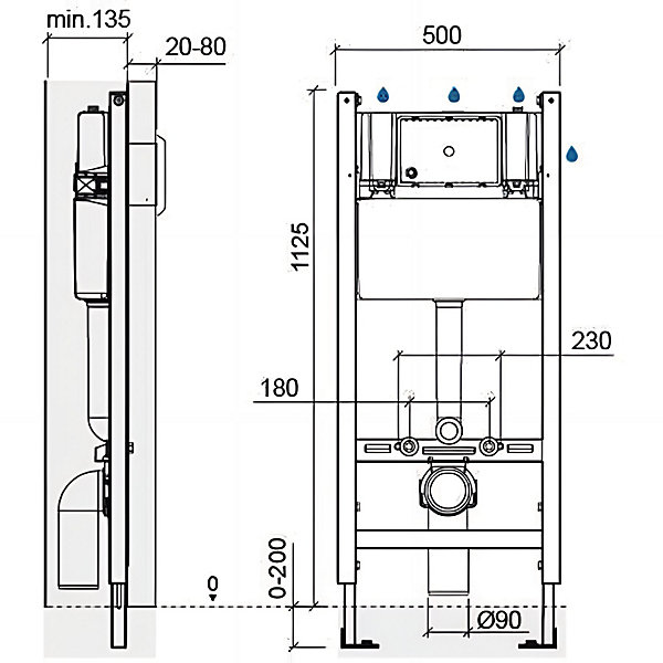 Bâti support SANFIx autoportant avec Réservoir de WC décharge latérale pour Cuvette de WC suspendue