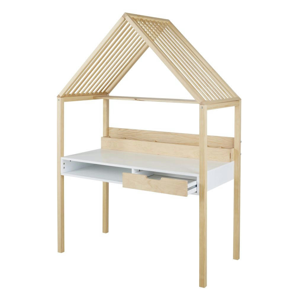 Safari - Bureau enfant cabane 1 tiroir 1 niche beige et blanc