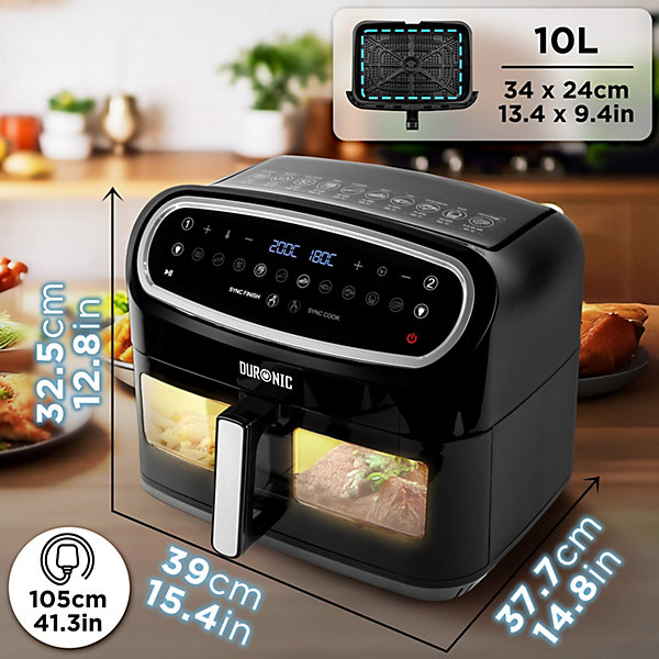 AF14 BK Friteuse à air avec 1 grand tiroir de 10 L inclus Air fryer avec 10 Programmes de Cuisson préréglés Sans huile Duronic