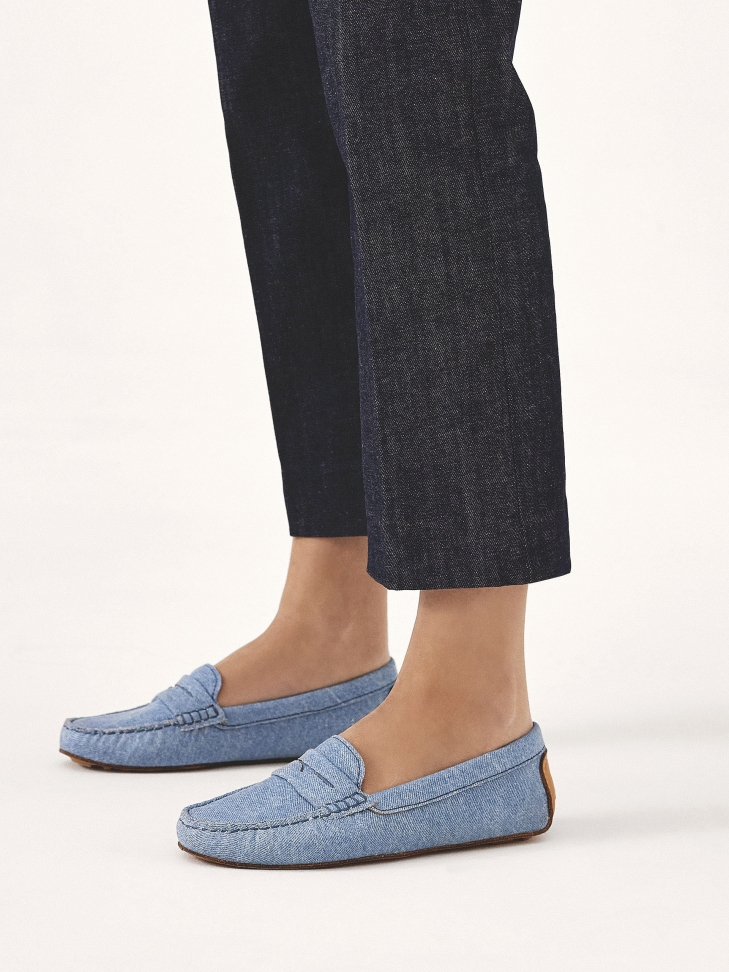 Blue denim fabric moccasins