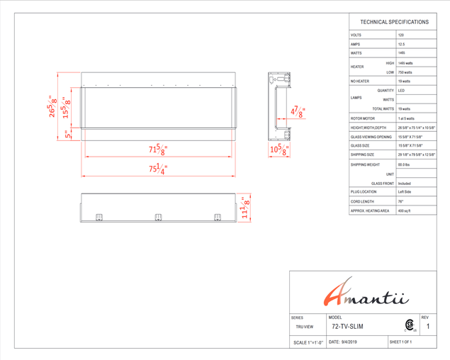 Amantii Smart 72" unit &ndash; 10 5/8" in depth 3 sided glass fireplace