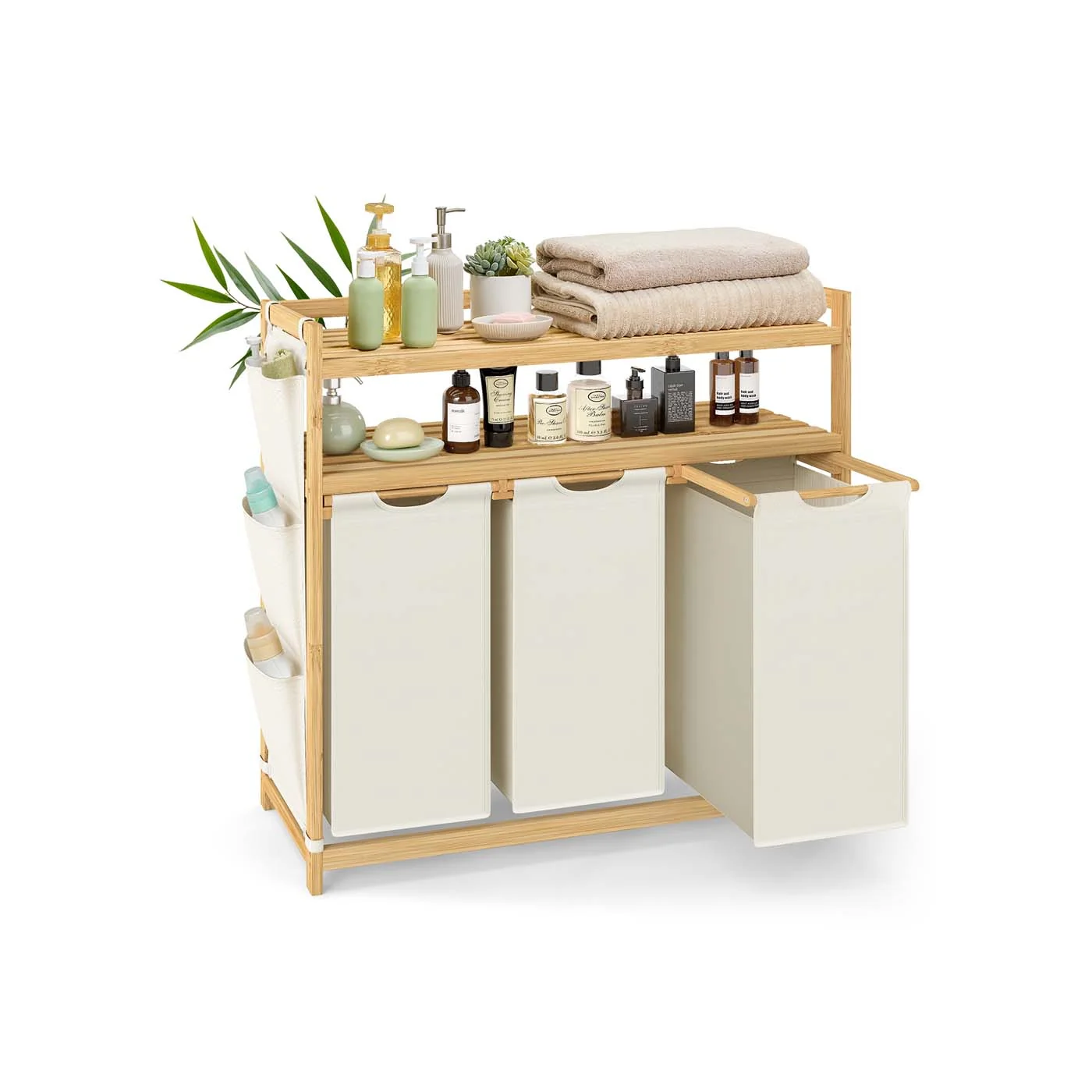 Panier à linge multicouches avec étagère et poches latérales