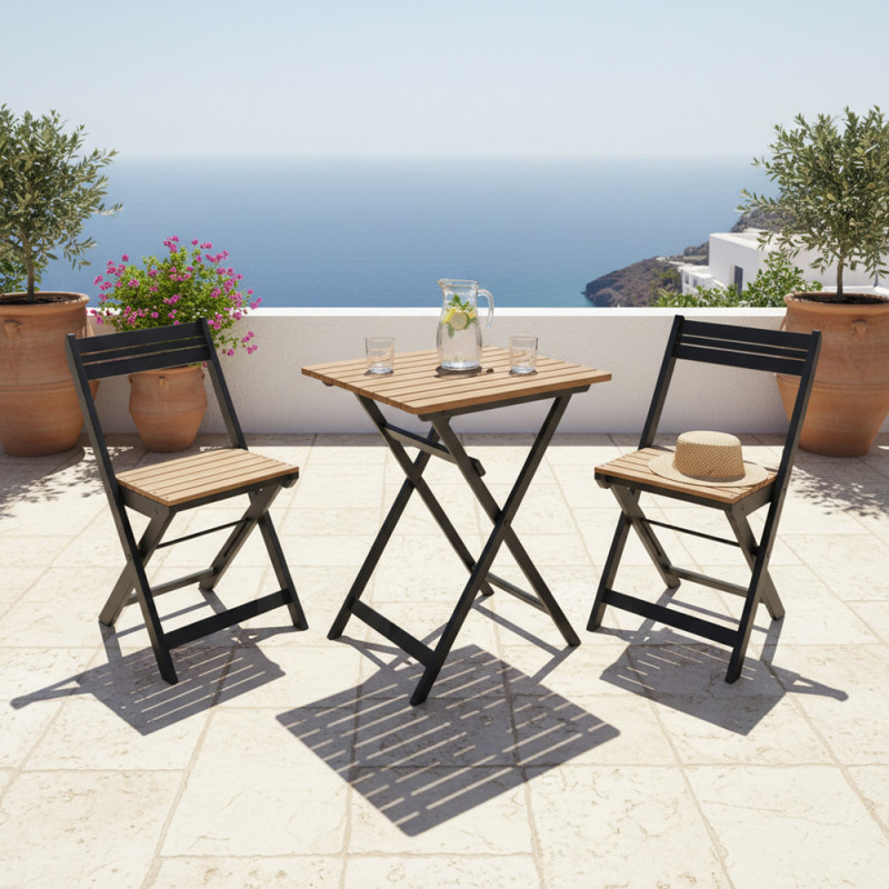 Ensemble bistro en bois d'acacia : 1 table et 2 chaises pliantes