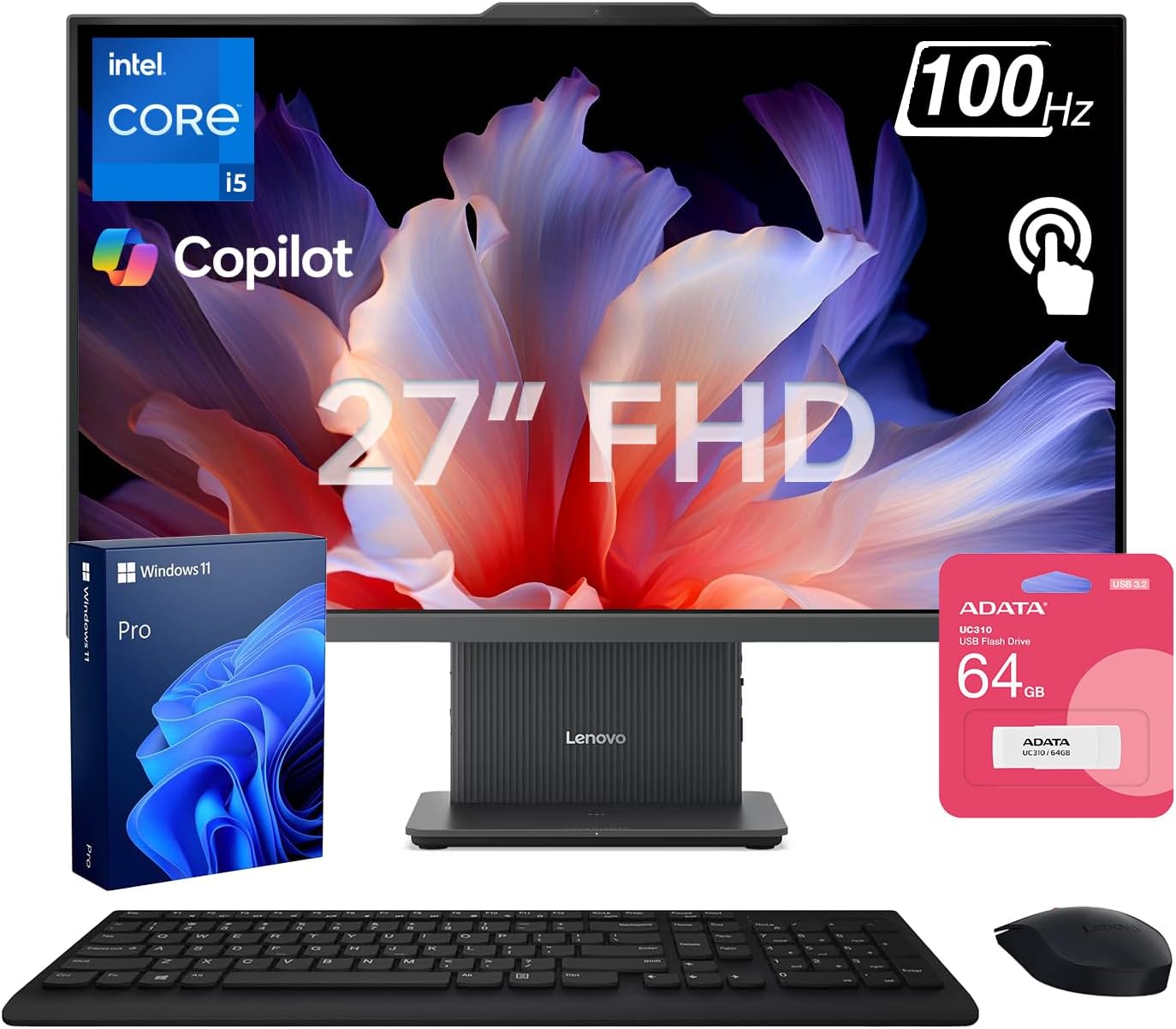 Lenovo IdeaCentre I Pro Business All-in-One  Next Gen AI  27 FHD Touchscreen 100Hz  i5-13420H  16GB DDR5 RAM  1TB SSD  Wi-Fi 6  Webcam  Wireless KB &M  Bundle with ADATA 64GB USB Flash Drive
