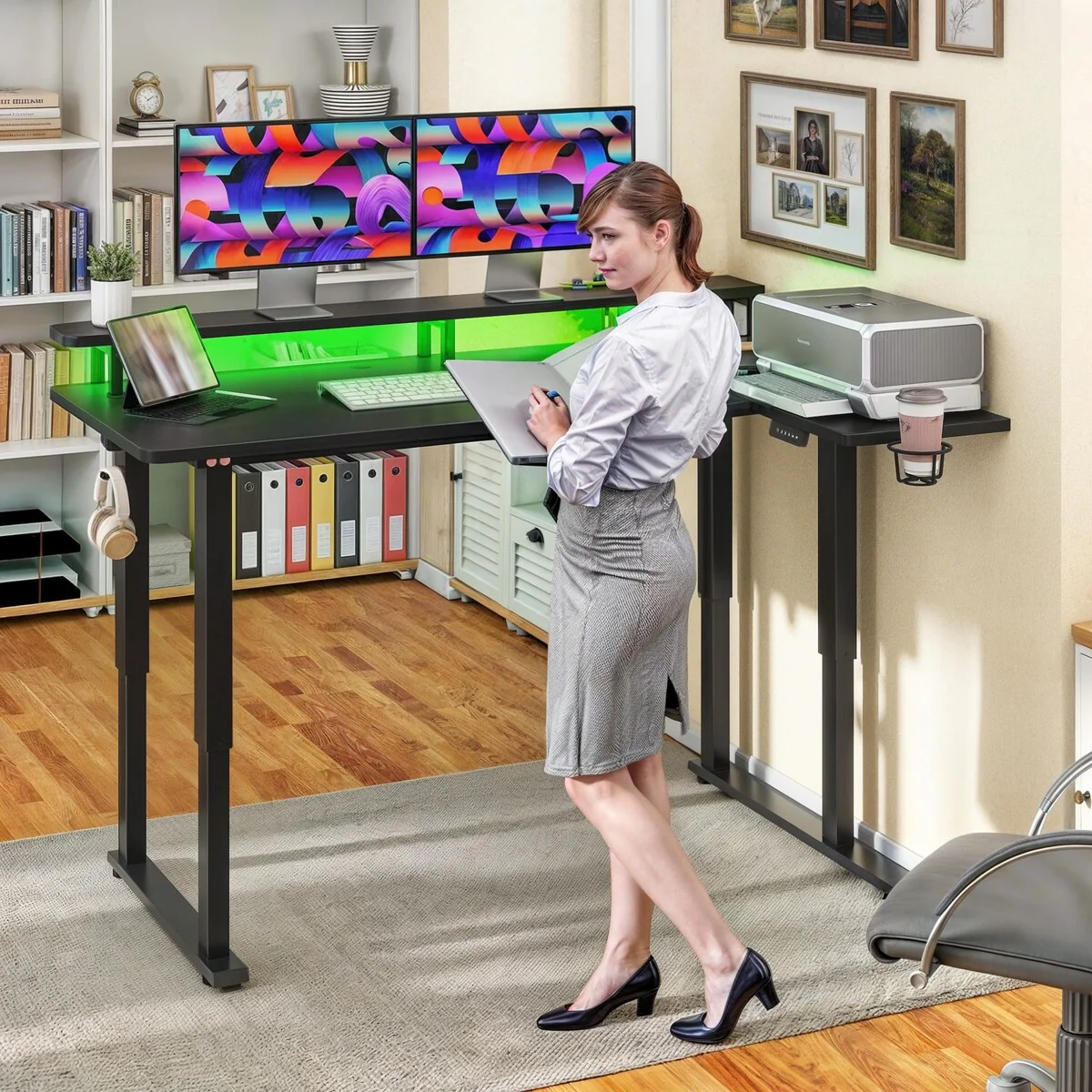 Moasis Large Electric Height Adjustable L Shaped Standing Office Desk with Monitor Stand Dual Motor Lift