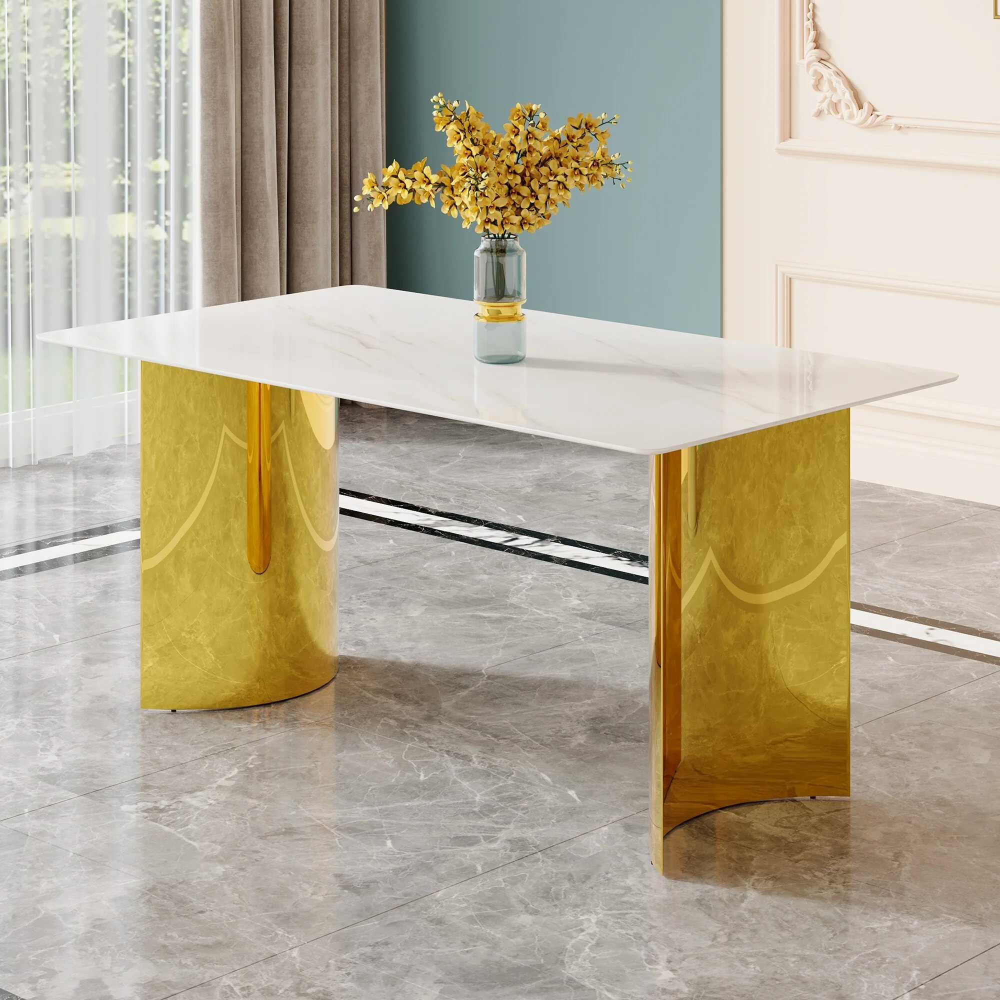 Modern minimalist dining table. White imitation marble glass sticker tabletop, golden table legs, stable and beautiful