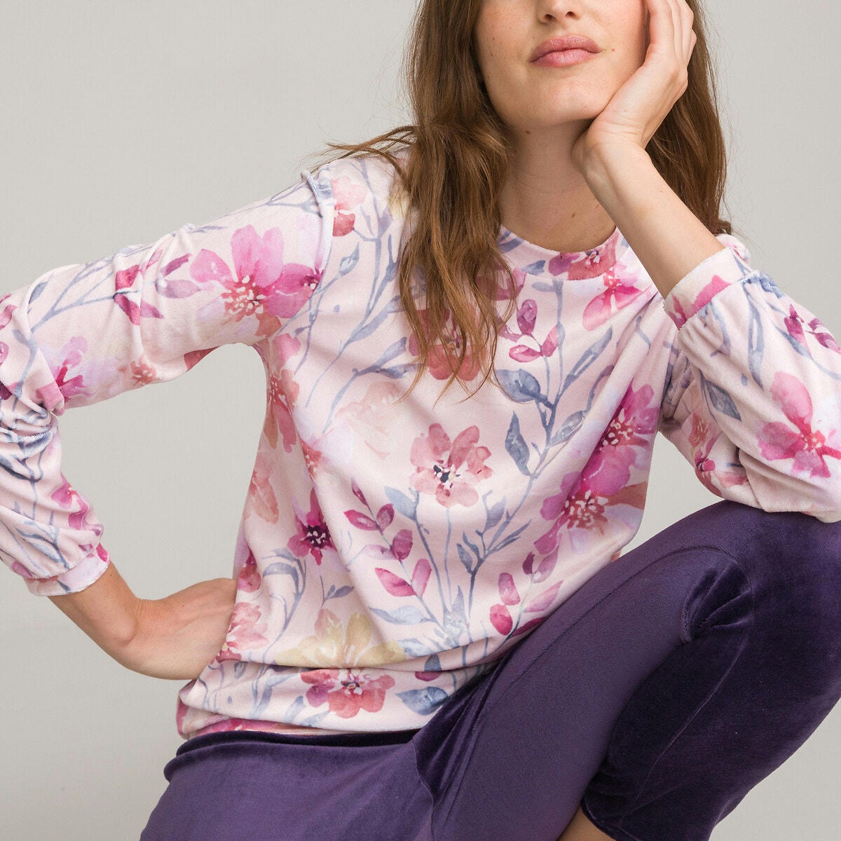 Pyjama en maille velours, haut imprimé fleurs