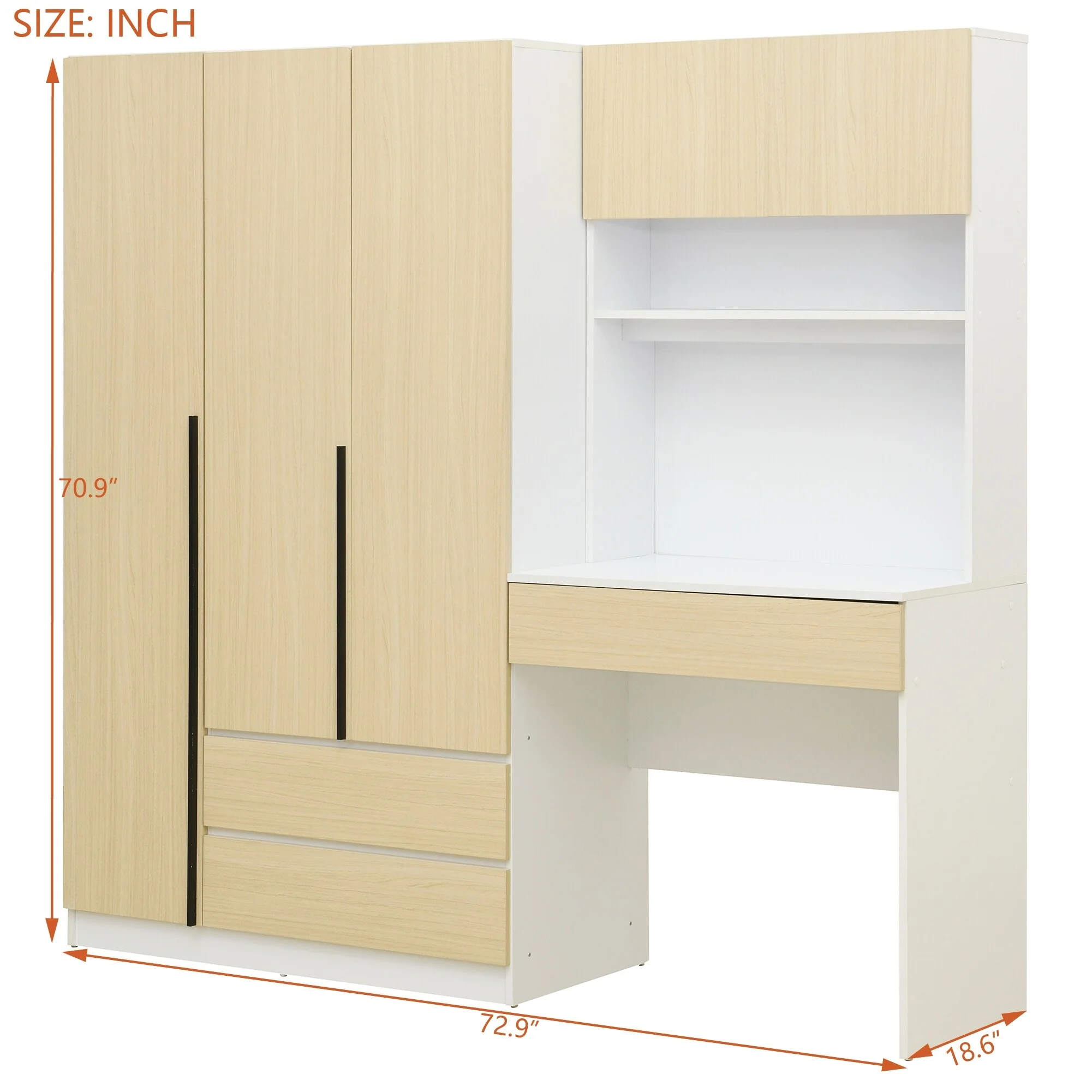 Bedroom 70.7 H 3-Door Wardrobe with Desk and Shelves & 3 Drawers