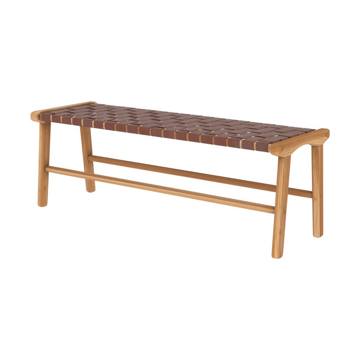 KUNA - Banc 120 cm en cuir tressé marron et bois de teck