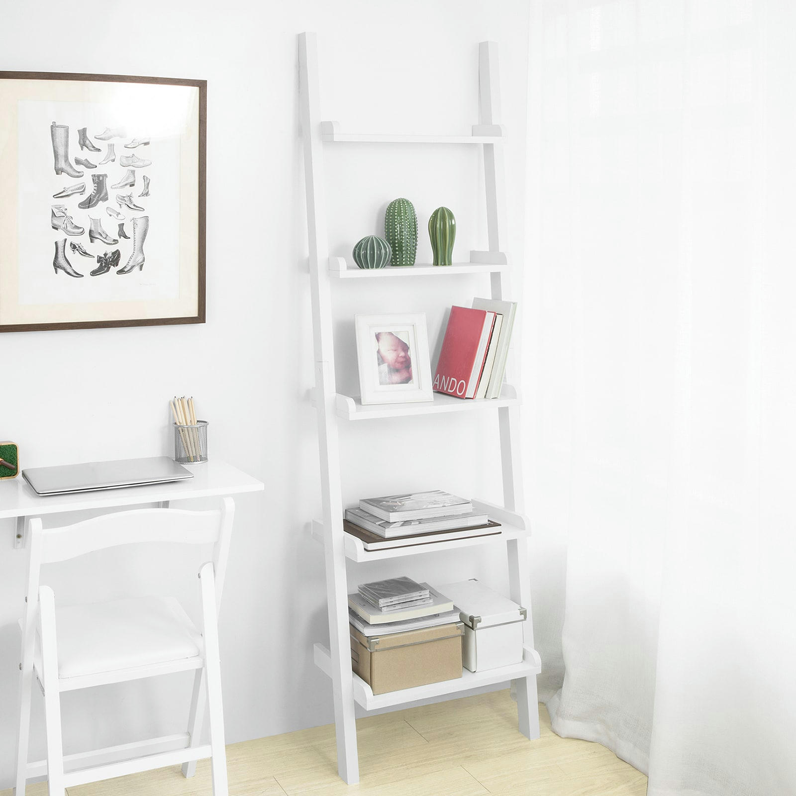 - Étagère murale style échelle 5 niveaux effet bois blanc