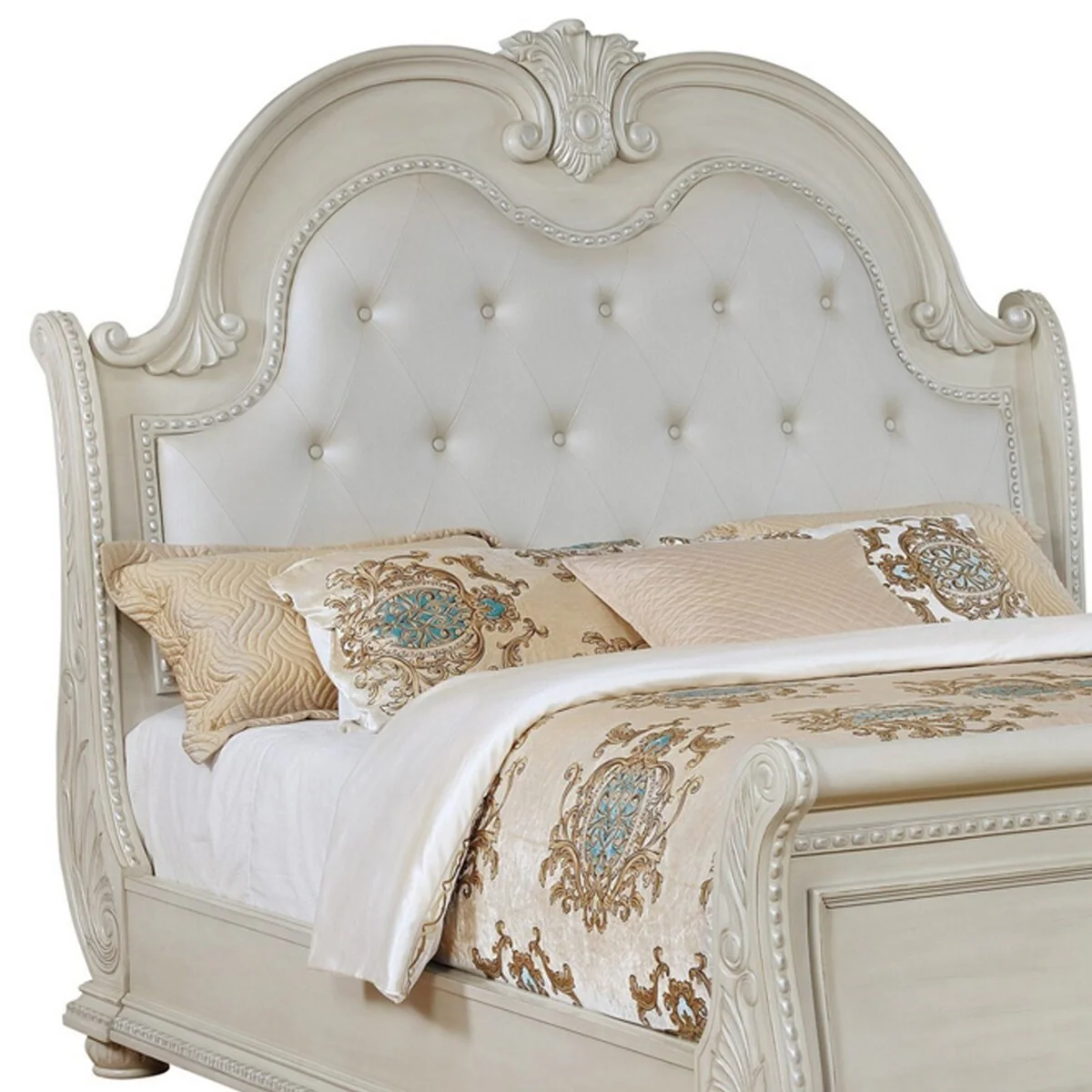 King Headboard Post with Sleigh Design and Floral Carvings, Antique White