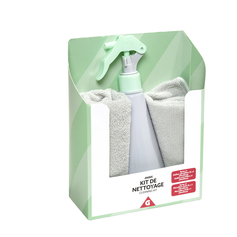 Kit de nettoyage bouteille Ø7xH20cm avec 2 torchons 48x39cm et 30x30cm