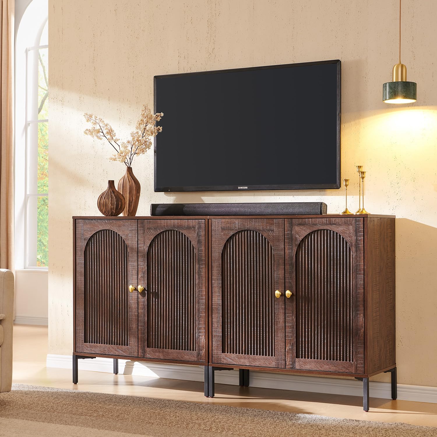 Modern TV Stands for 75 Inch TVs, 61.75‬W Wood Entertainment Center w/Adjustable Shelves, Mid Century Modern TV Stand w/Arched Fluted Doors, Media Console Cabinet for Living Room, Brown
