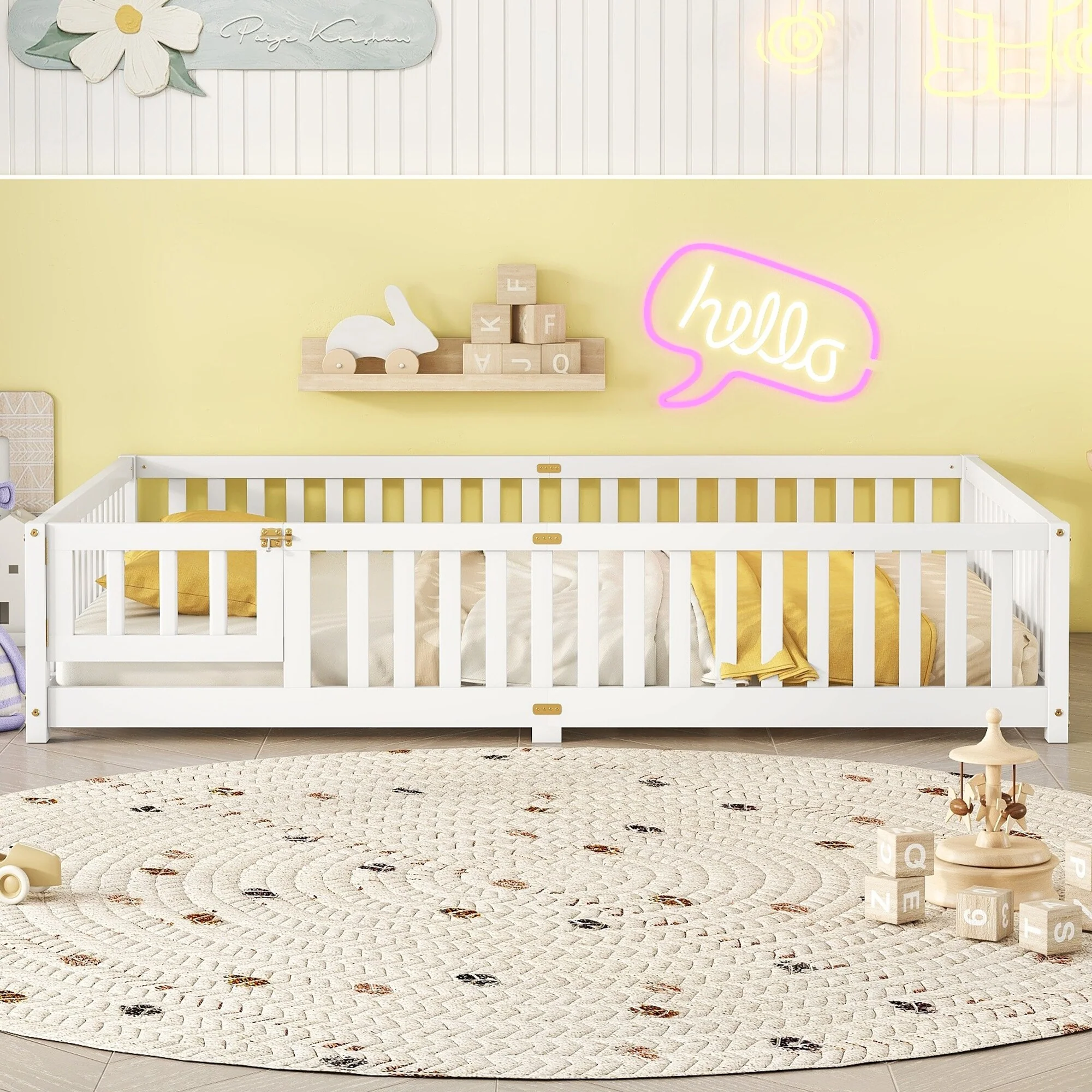 Queen Size Floor Bed Frame for Kids Bed with Fence Guardrails and Removable Door, Slats Playroom Montessori Platform Bed