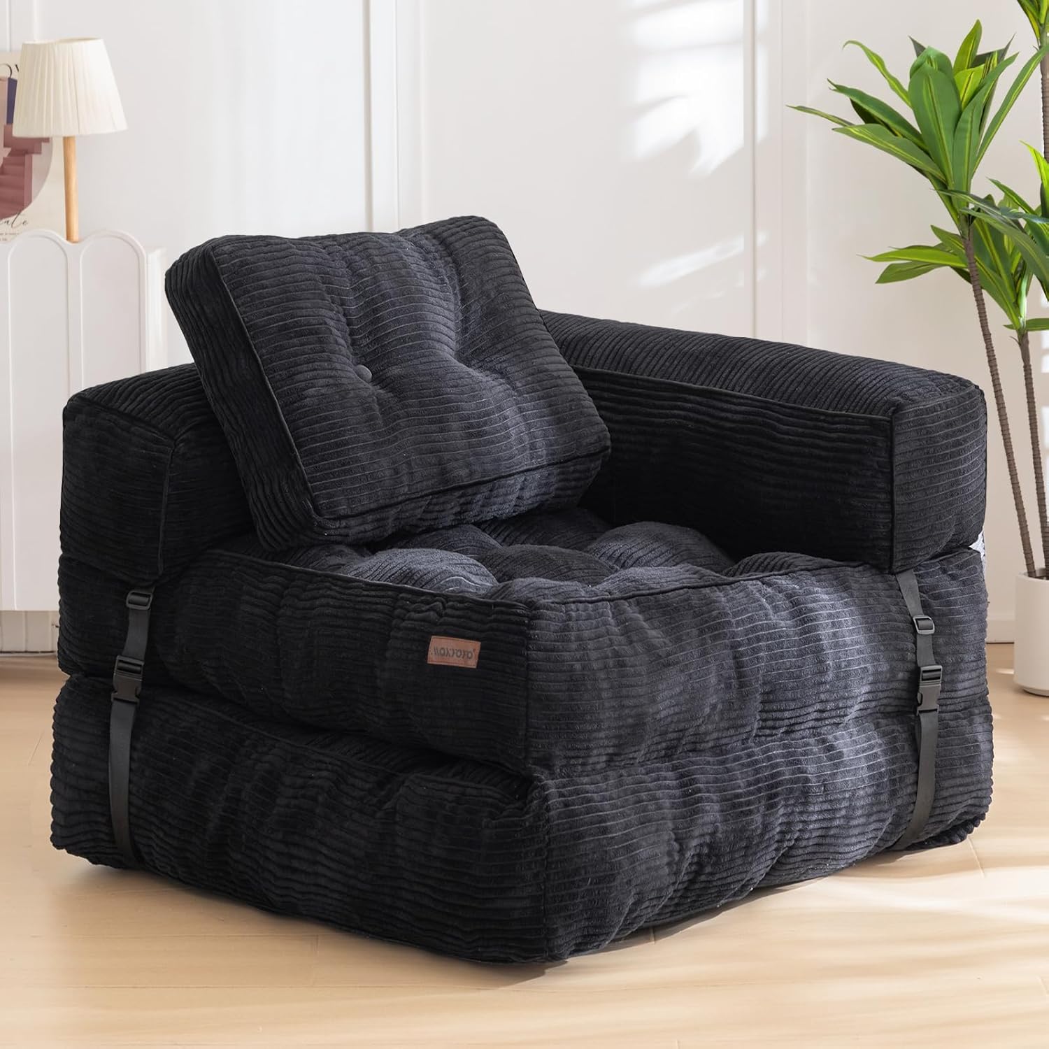 MAXYOYO Folding Sofa Bed, L-Shaped Convertible Sofa with Armrest Foldable Sleeper Bed with Pillow, Portable Fold Out Chair Comfy Floor Lounge for Living Room Bedroom, Black