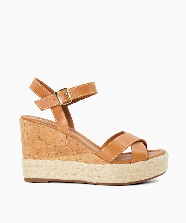 Kindest Tan - Leather Cork And Woven Wedge Sandals