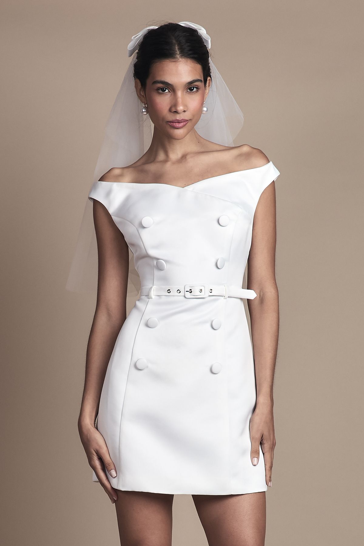 Coast Bardot Fit and Flare Button Detail Mini Wedding Dress