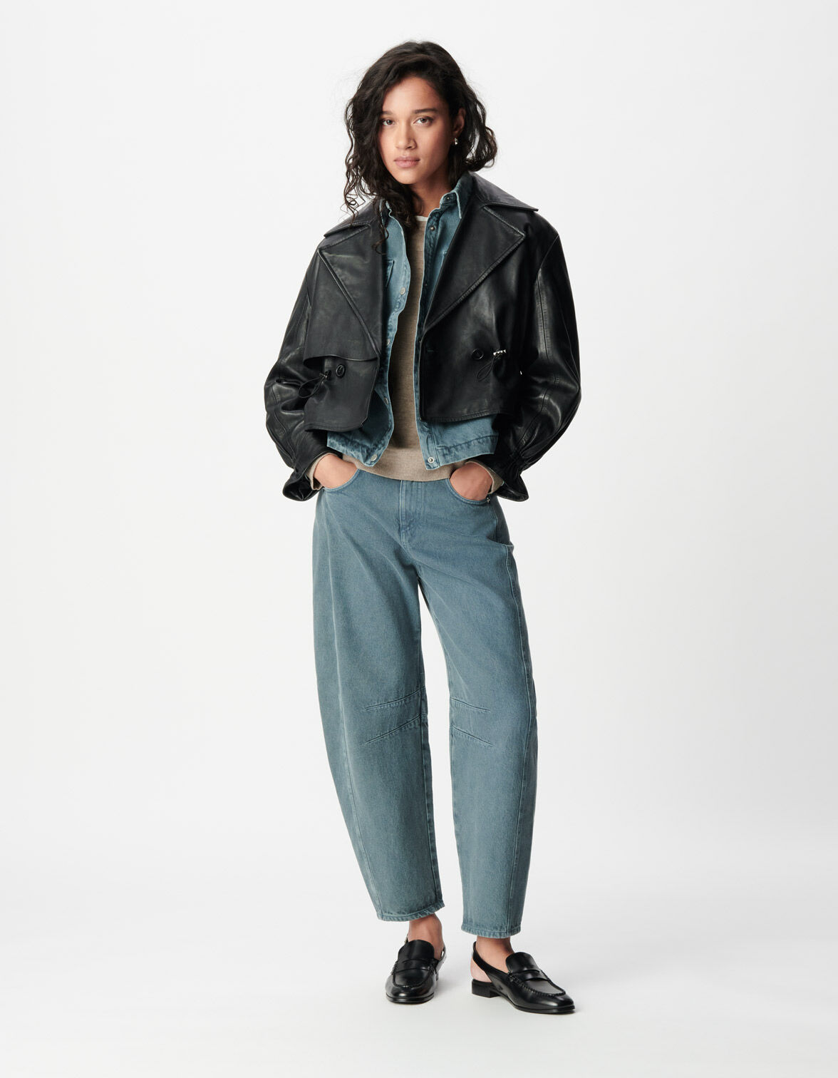 Veste oversize noire cuir coulisse taille Femme