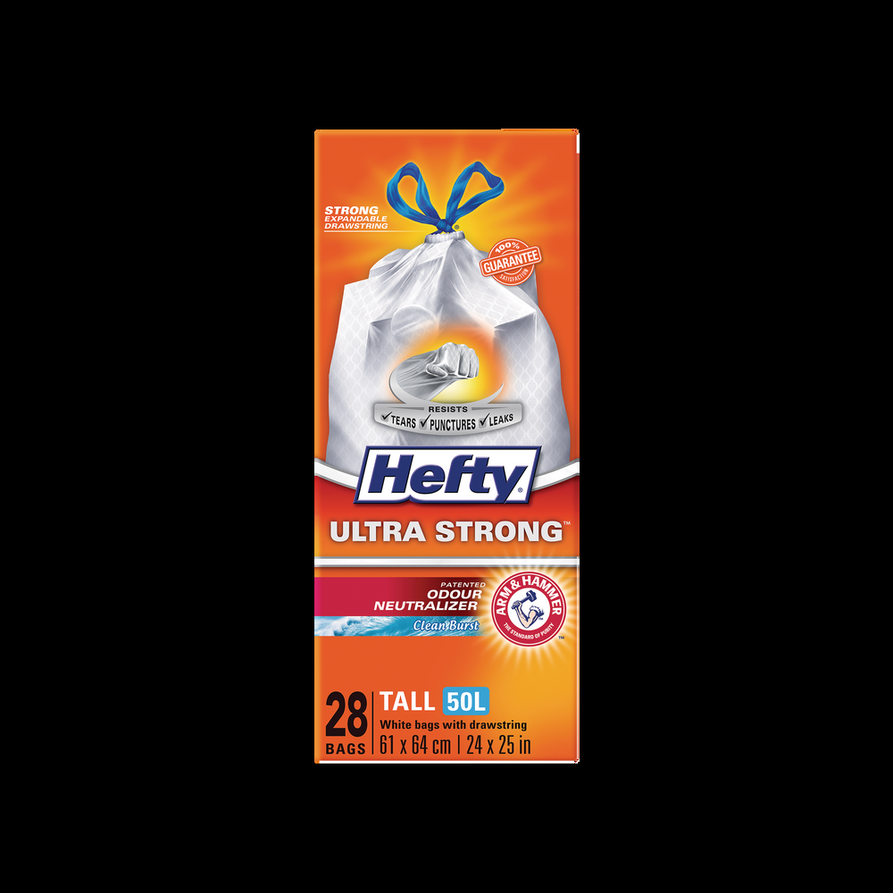 Hefty® ULTRA STRONG™ Tall 50-L White Kitchen Garbage Bags with Drawstring & ARM & HAMMER™, 28-pk