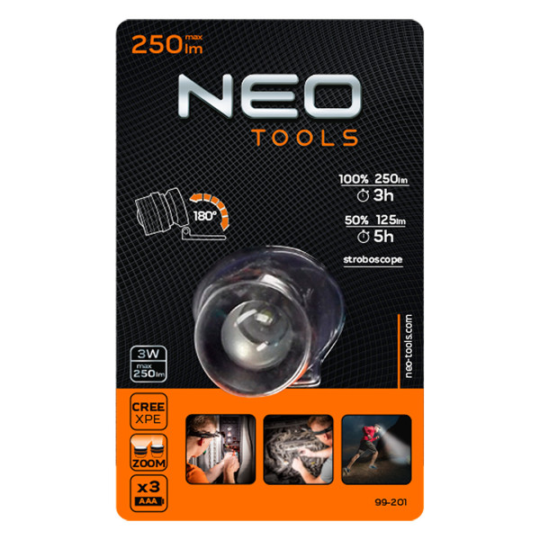 Latarka czołowa 250 lum, zoom, 3xAAA NEO 99-201