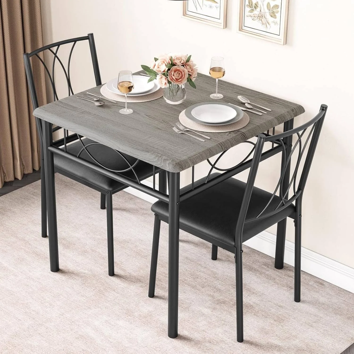 Modern Dining Table Set with 2 Cushion Chairs - N/A