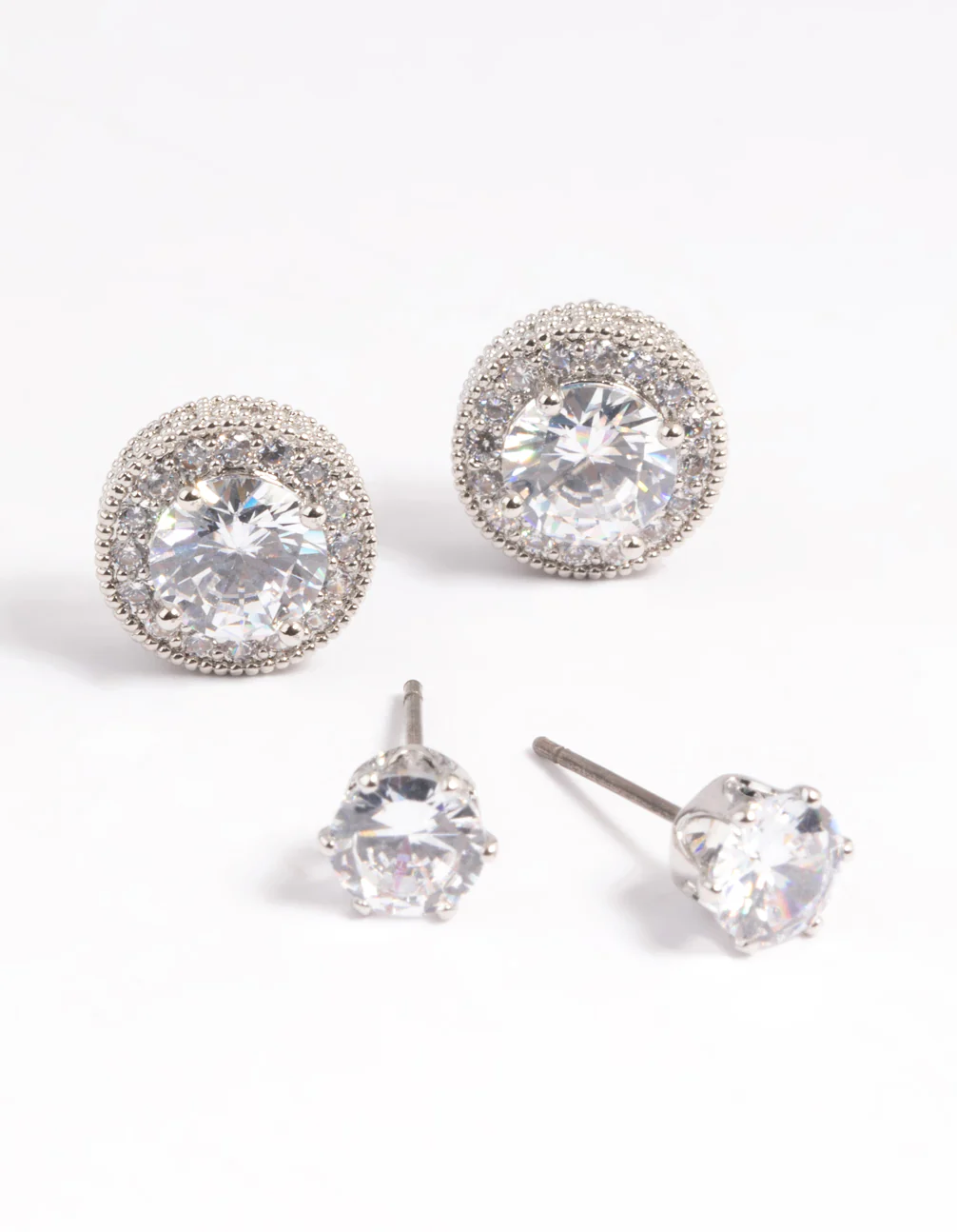 Silver Diamond Simulant Stud Earring Set