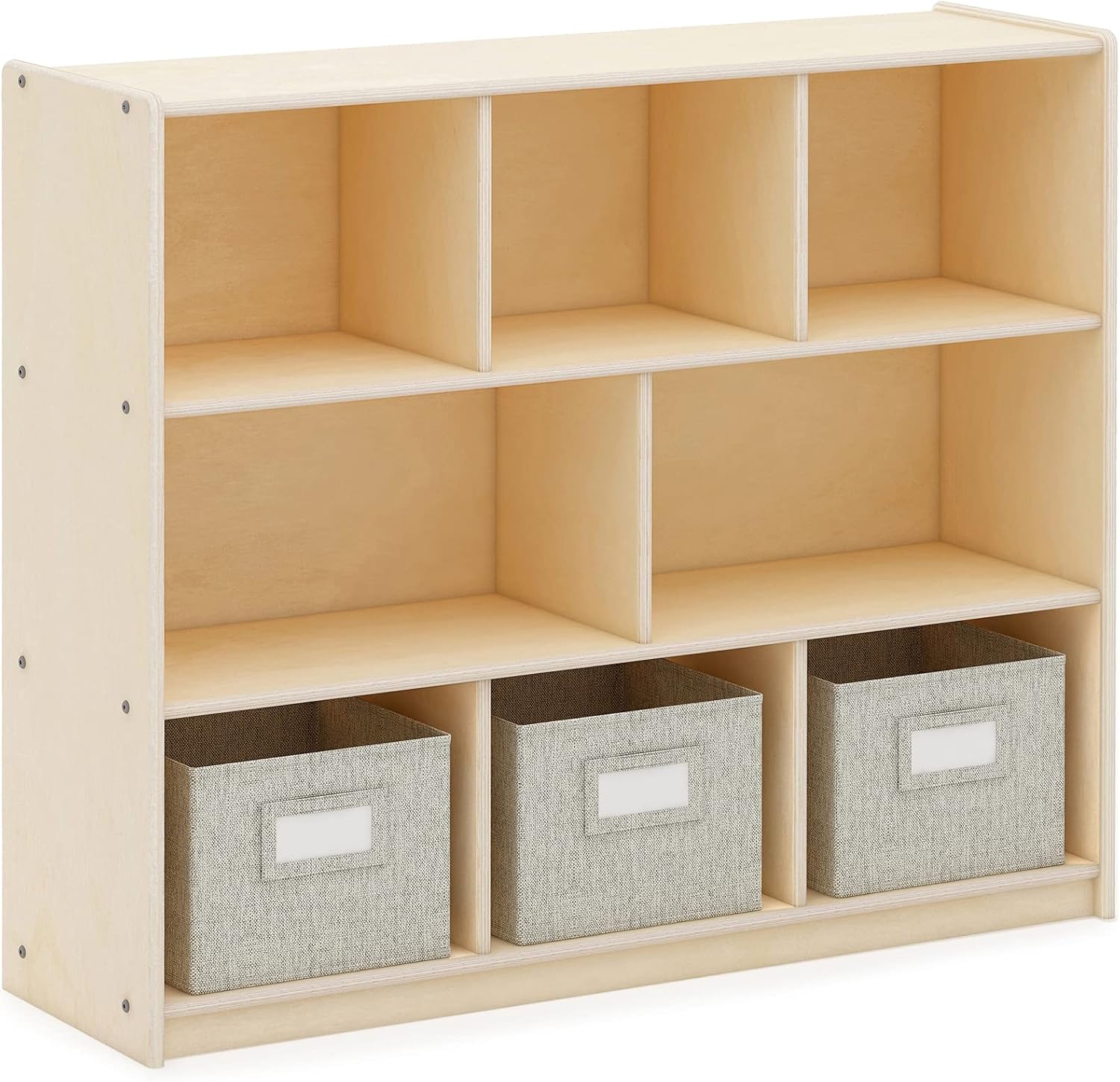 Guidecraft EdQ Three Shelf Compartment Storage Natural with 3 Fabric Bins: Wood Bookshelf and Toy Organizer for Kids, Storage Unit for Homeschool and Classroom