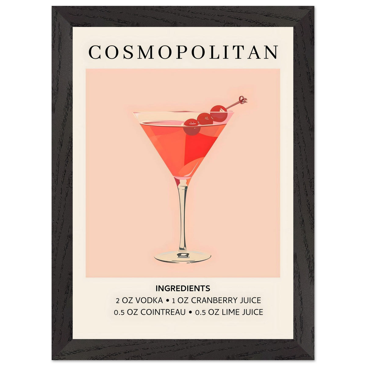 Artfulprints Poster met Lijst Cosmopolitan cocktail - Ingrediënten  - A4 21x29.7 cm - Roze