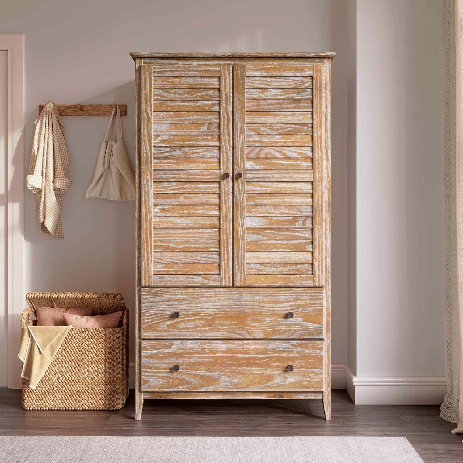 Grain Wood Furniture Greenport 2-Door Wardrobe, Solid Wood with a Brushed Driftwood Finish