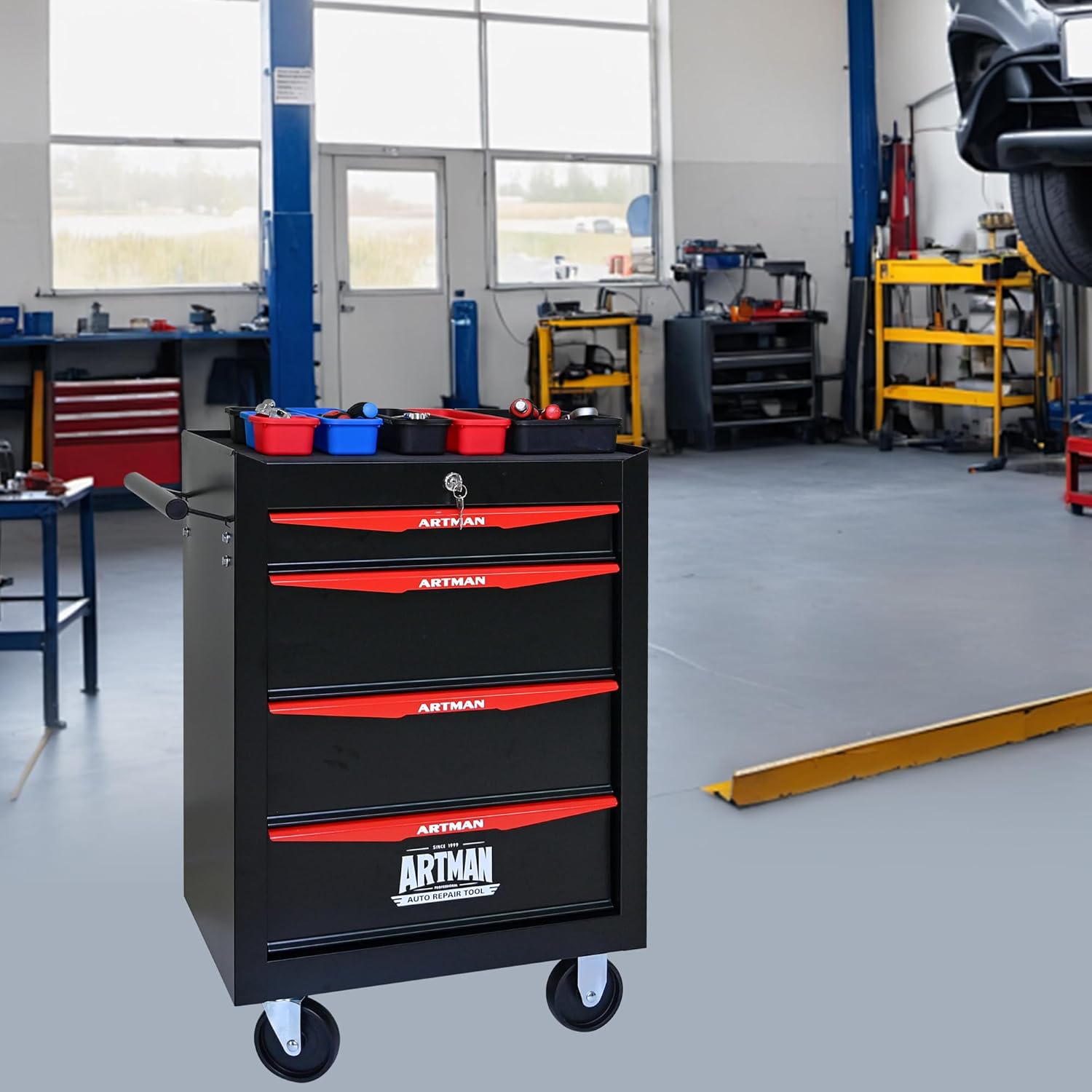 RYH 4/5/6/7 Drawers Rolling Tool Chest - Heavy Duty Mobile Tool Cart with Locking Wheels & Ball Bearing Drawers, 30.5 H x 20.9 W x13 D Garage Tool Storage Cabinet，Metal Tool Box (Black, 4 Drawers)