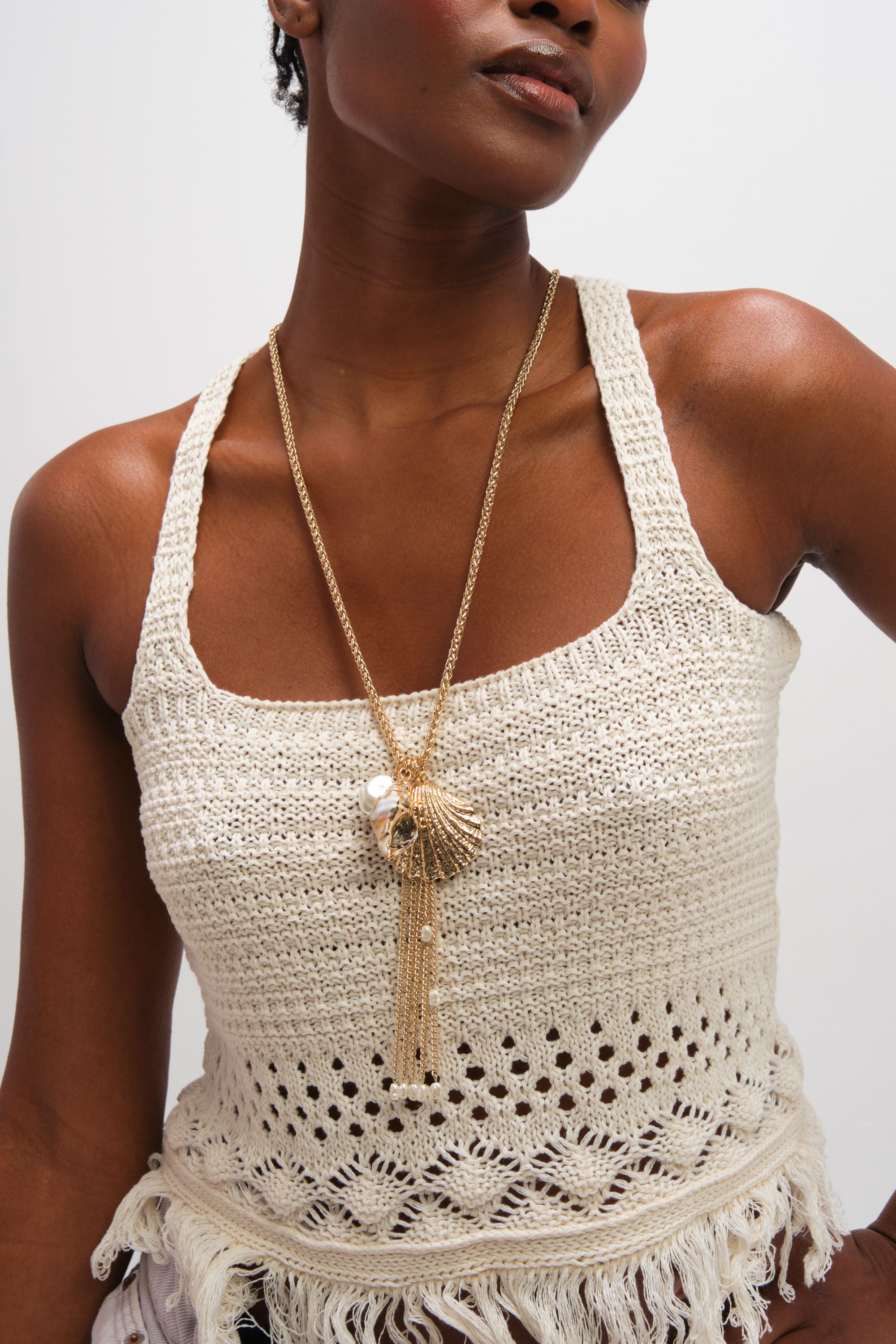 Mood Gold Plated Tassel and Shell Long Necklace