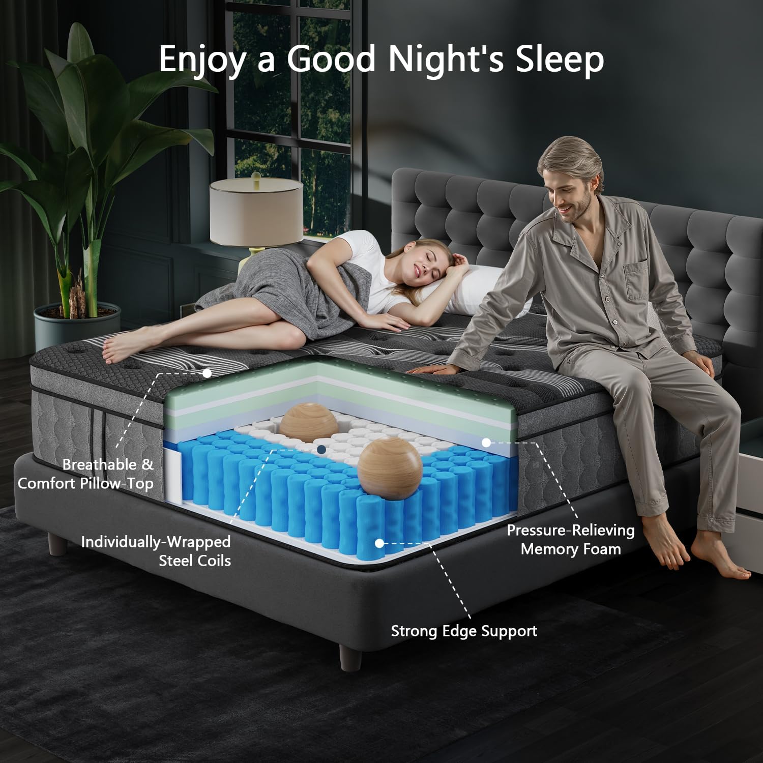 King Size Mattress 14 Inch, Hybrid King Mattress in a Box, Cooling Memory Foam Mattresses with Individual Pocket Springs, Pressure Relief, Fiberglass Free, Motion Isolation, CertiPUR-US