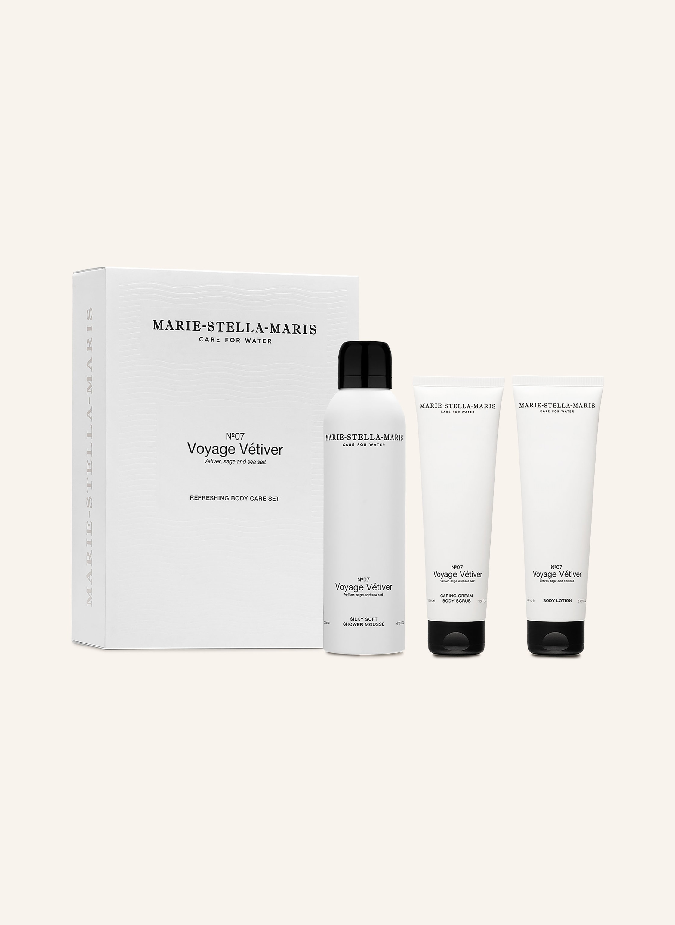 MARIE-STELLA-MARIS 3-tlg. Körperpflege-Set VOYAGE VÉTIVER: Duschmousse, Körperpeerling und Bodylotion