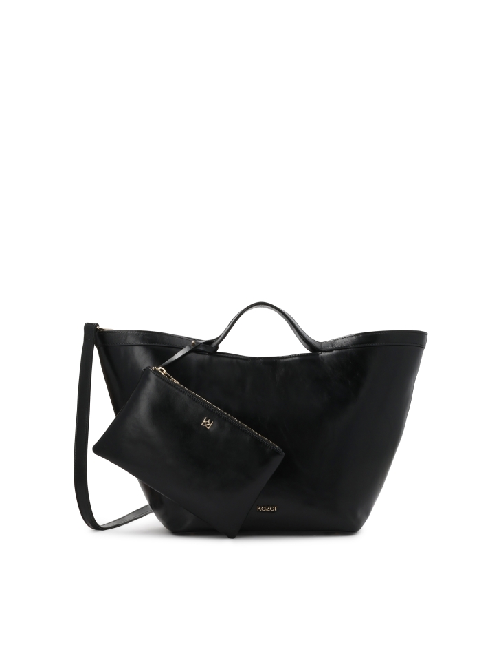 Elegant black leather handbag with gold logo