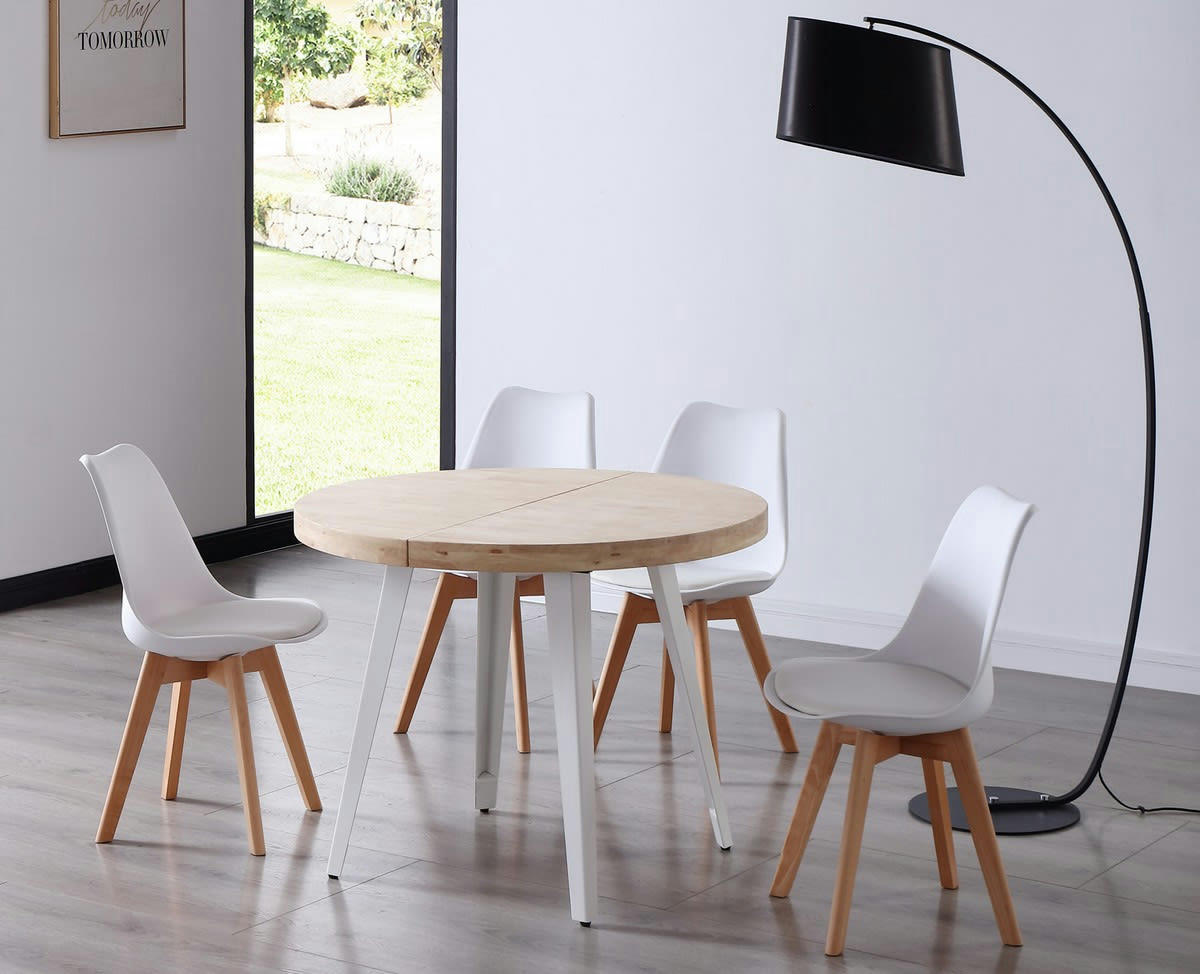 MATIKA - Table repas ronde extensible bois et acier blanc
