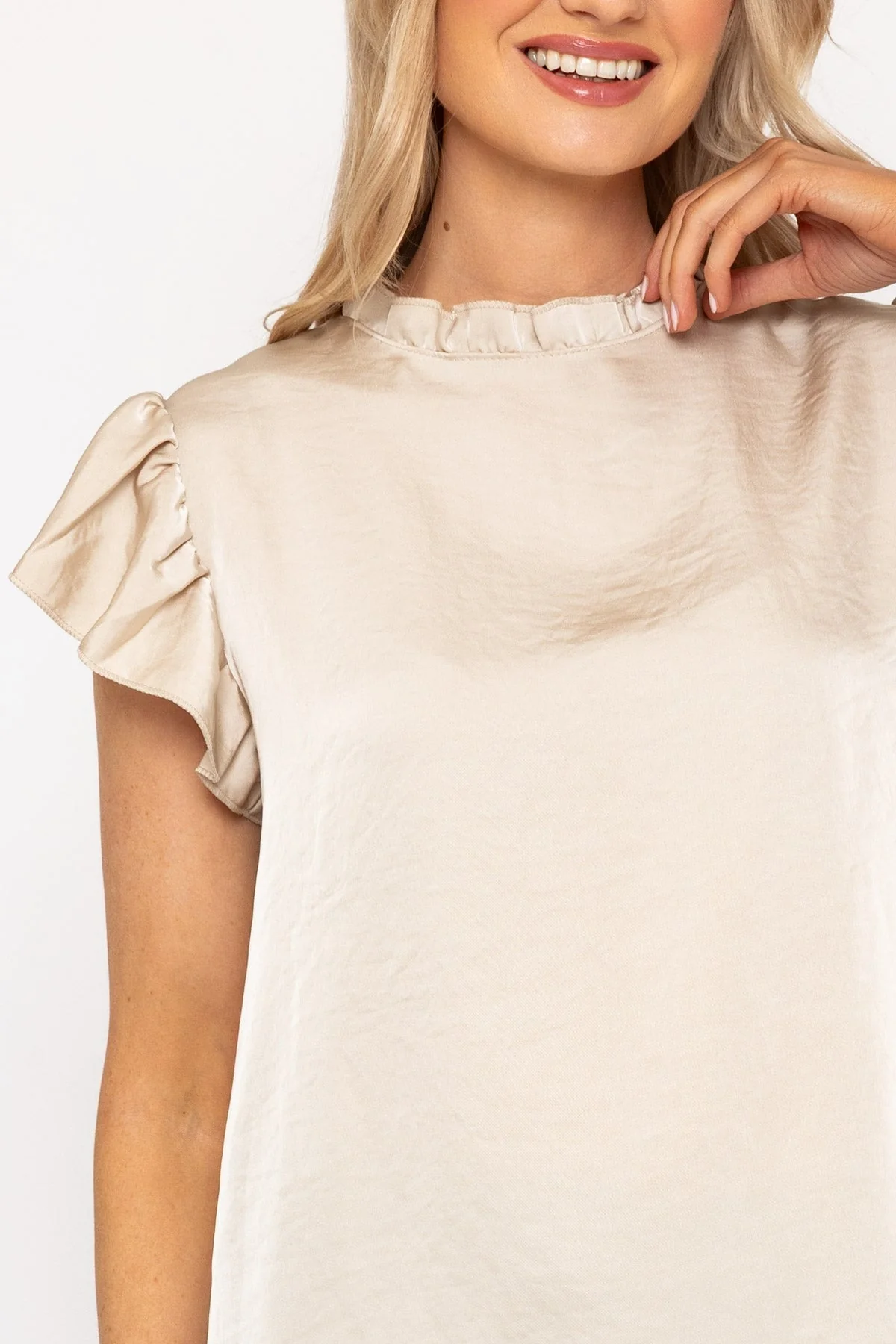 Beige High Neck Sateen Top
