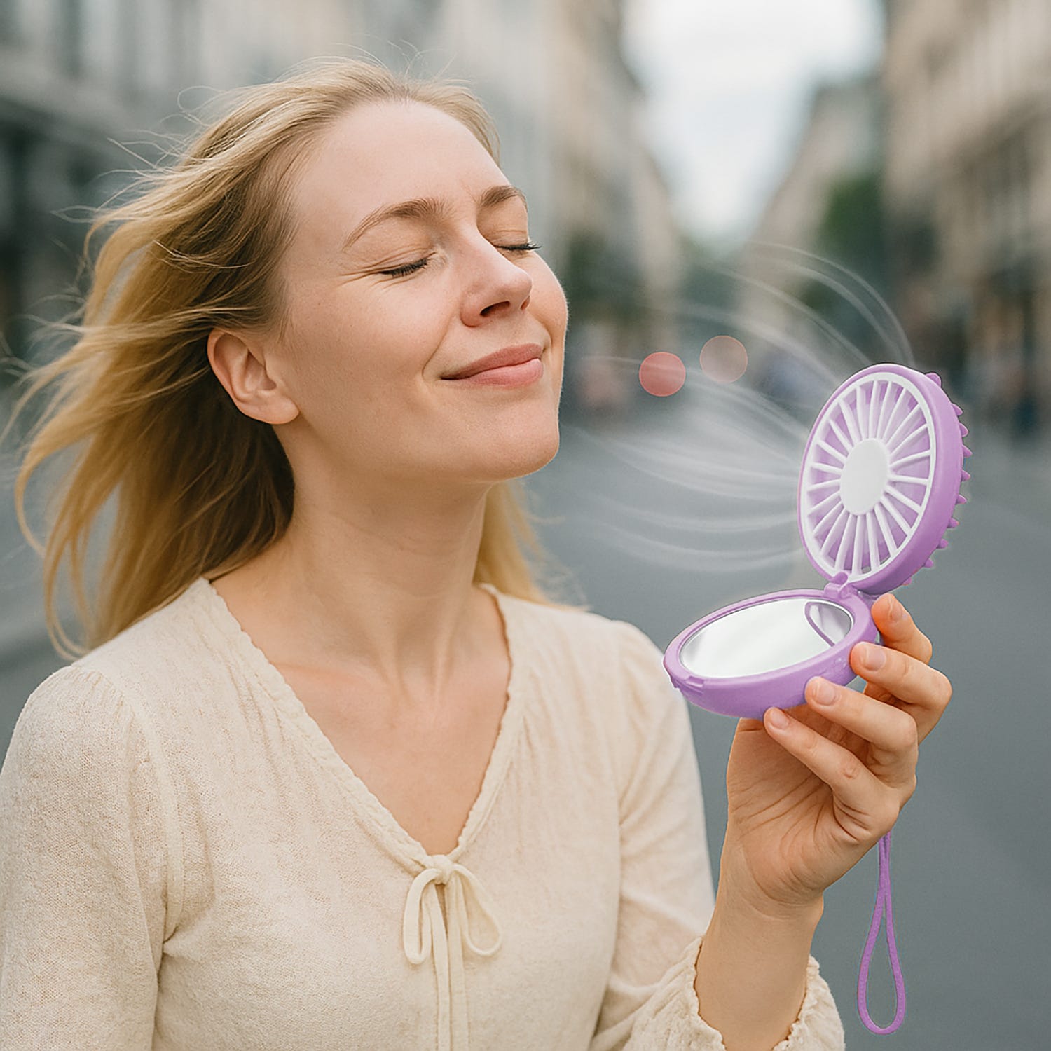 Mini ventilatore da collo con specchio e led viola