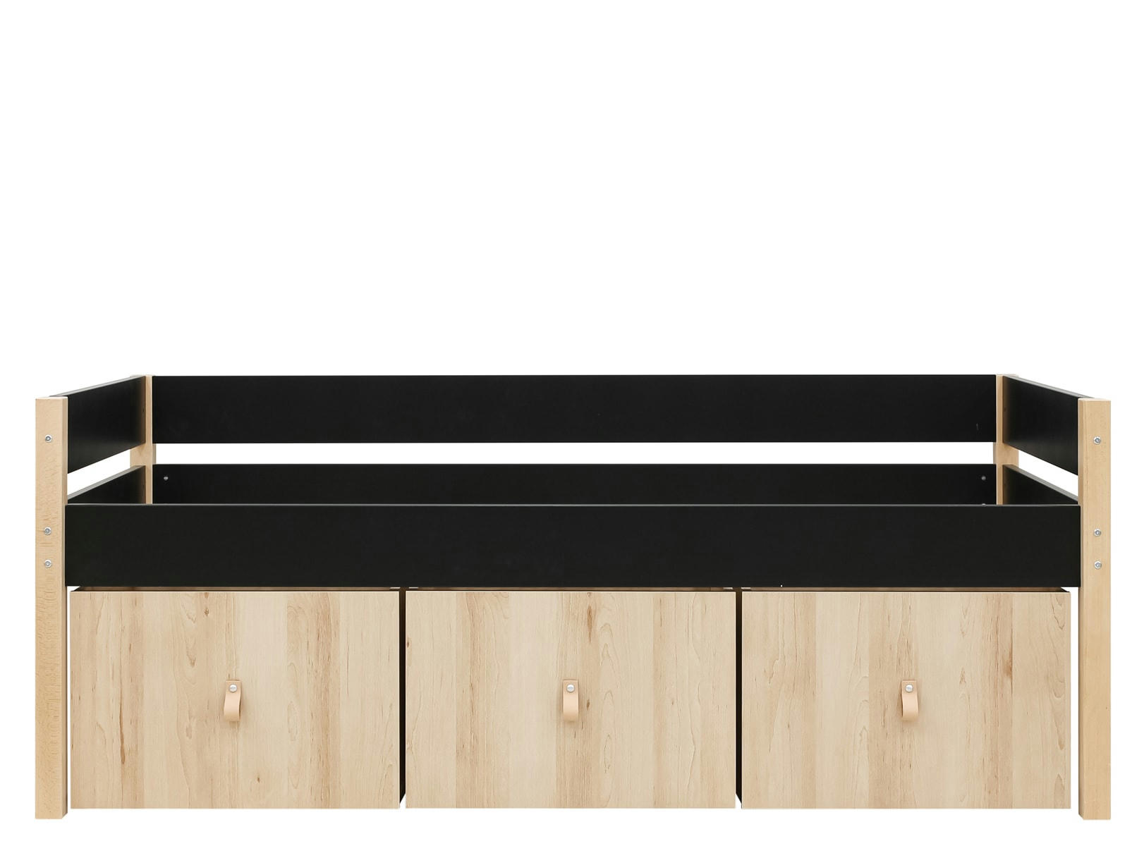 LUCAS - Lit compact 90x200 avec 3 bacs de rangement en MDF et hêtre noir mat