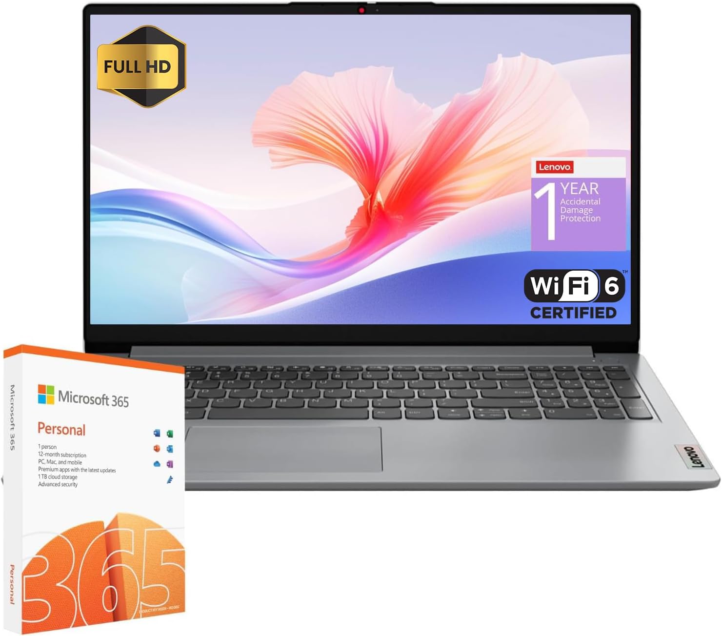 Lenovo IdeaPad 1 Student Laptop  Intel Dual Core Processor  8GB RAM  128GB eMMC + 1TB OneDrive  15.6 FHD Display  Office 365 Lifetime for the Web  Win11 H  Webcam w/Privacy Shutter