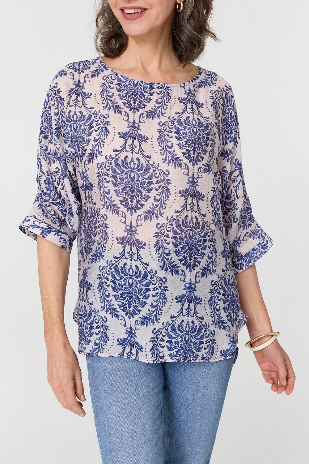 Izabel London Baroque Print 3/4 Sleeve Relaxed Blouse