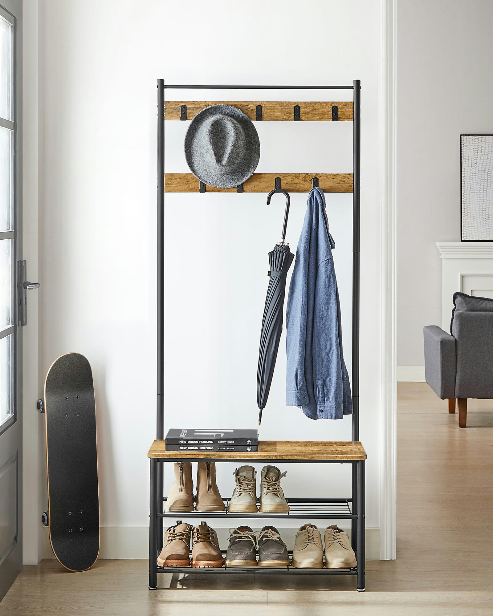 - Porte-manteau avec etagère à chaussures cadre en acier marron châtaign