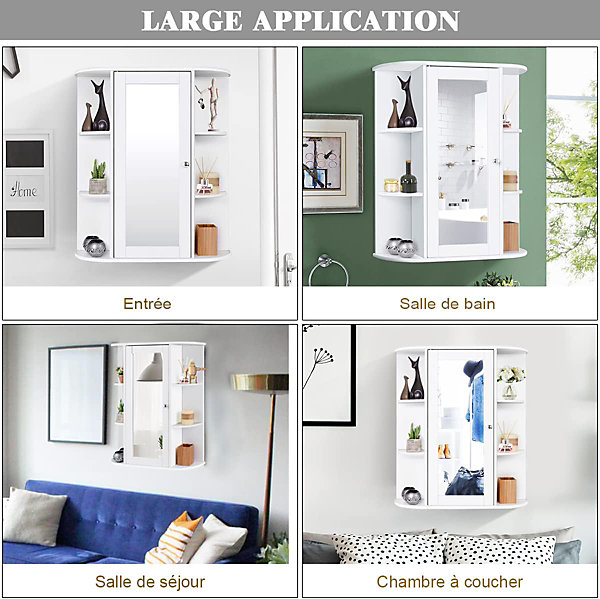 Armoire Salle de Bain Murale avec Miroir Grande Espace de Stockage Blanc